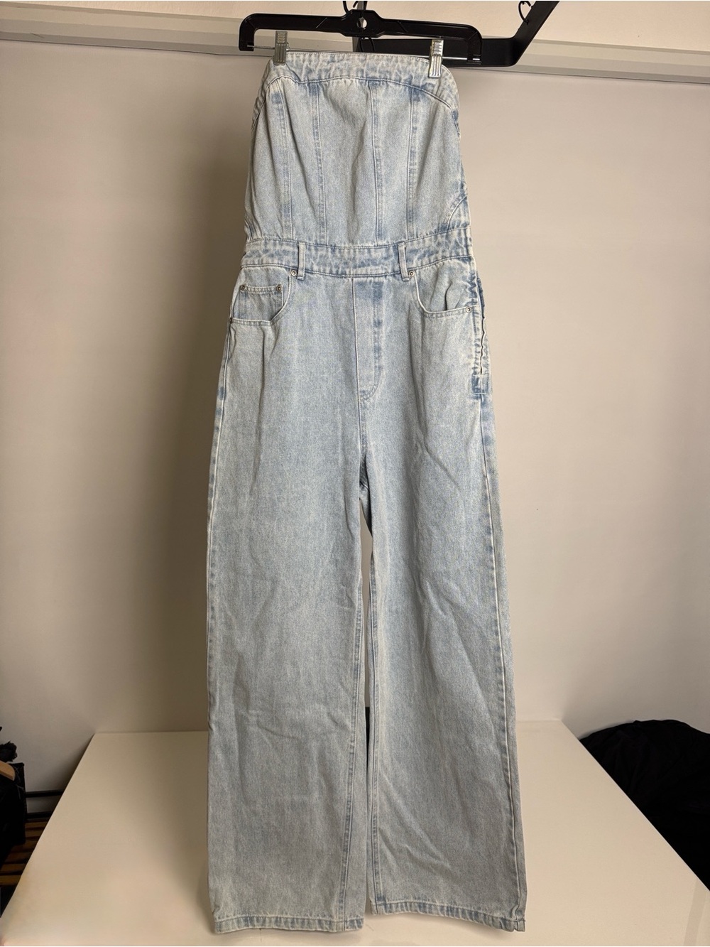 Grey Lab Women's Strapless Corset Light Blue Denim Jumpsuit Size Small